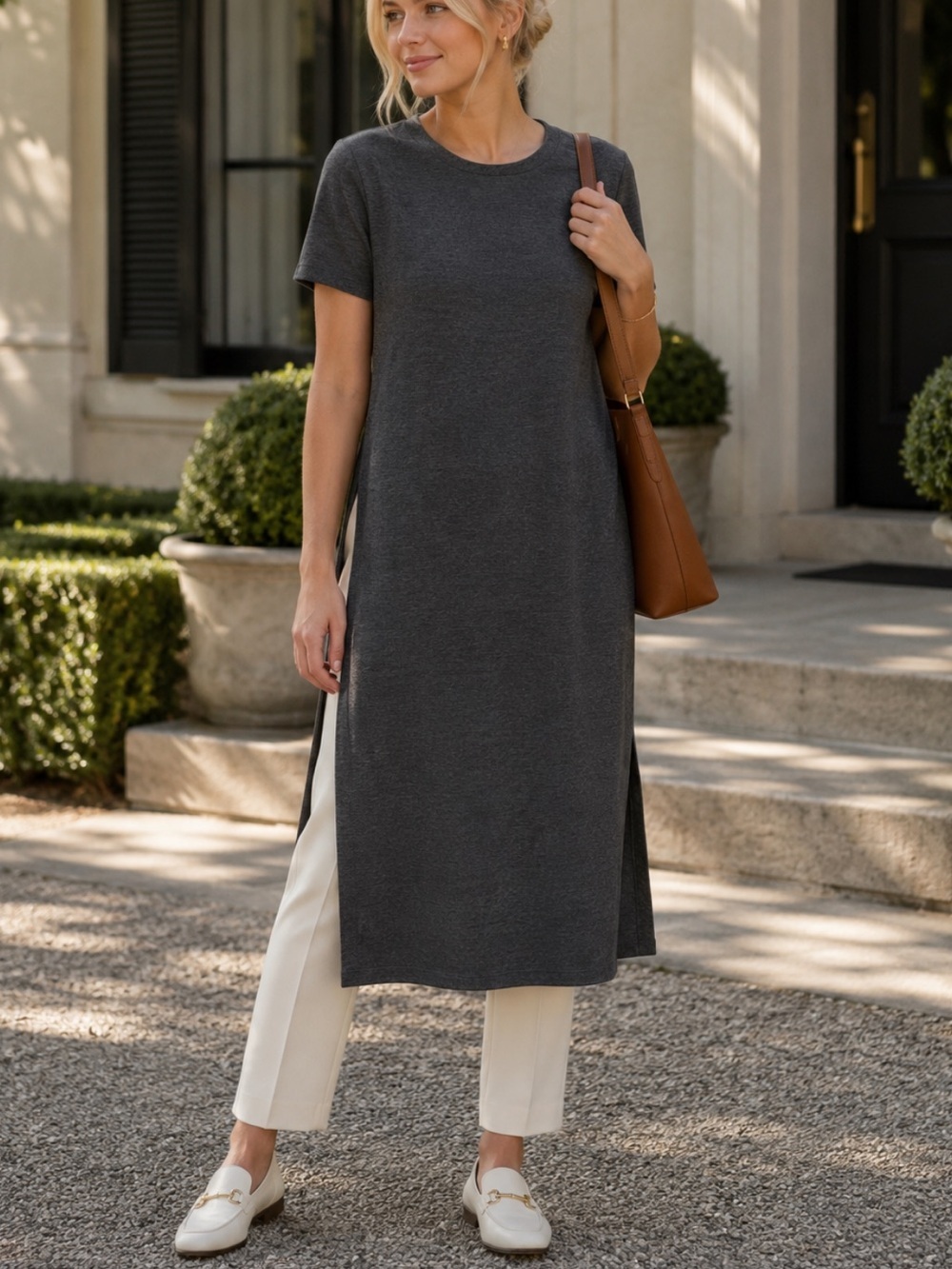 Eileen Fisher Gray side Slit Wool Knit Longline Tunic Top Small 39268